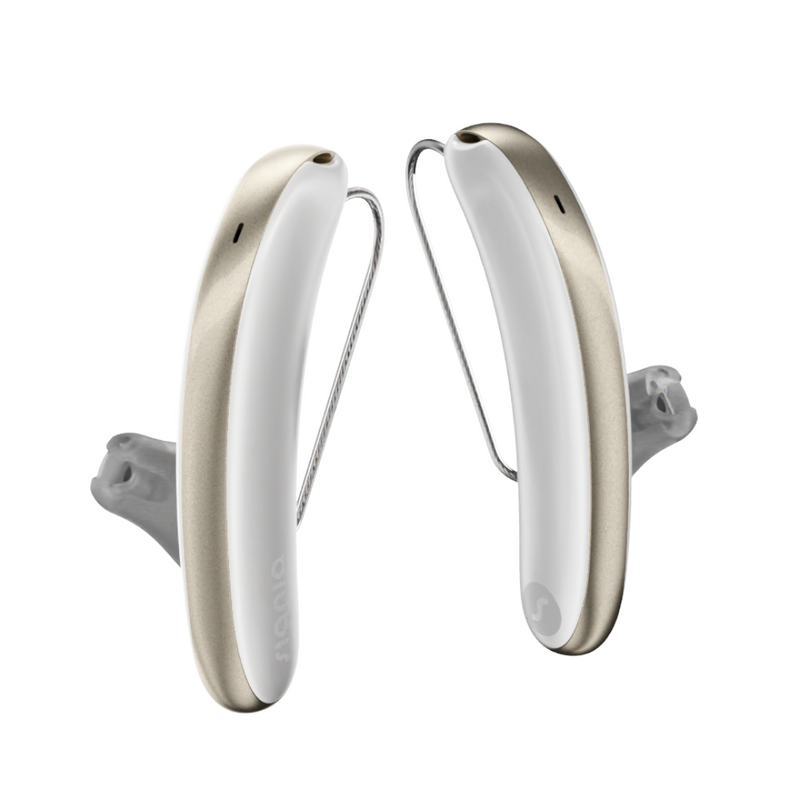 Ein Paar ästhetische Signia Styletto 3AX/7AX Hörgeräte in Weiß und Gold
