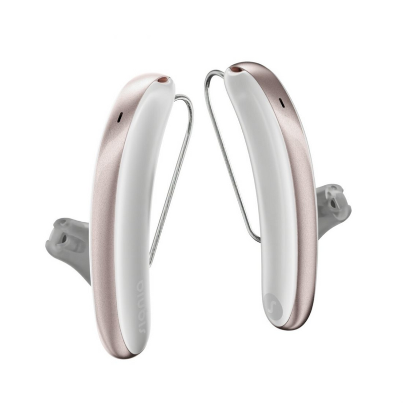 Ein Paar ästhetische Signia Styletto 3AX/7AX Hörgeräte in Weiß und Rose