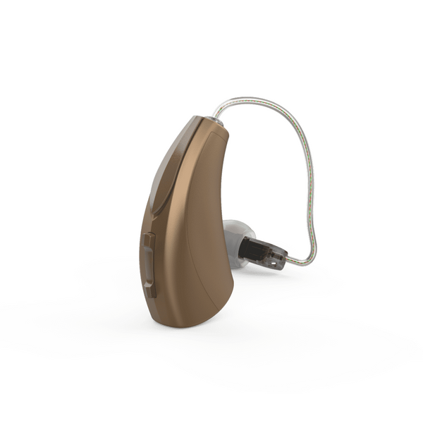 Ein einzelnes bronzefarbenes Starkey Evolv AI RIC R Hörgerät mit einem Zoom auf das Produkt