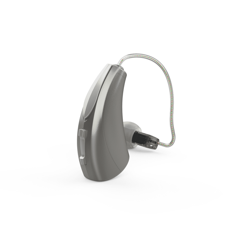 Ein einzelnes graues ästhetisches Starkey Evolv AI RIC R Hörgerät mit einem Zoom auf das Produkt