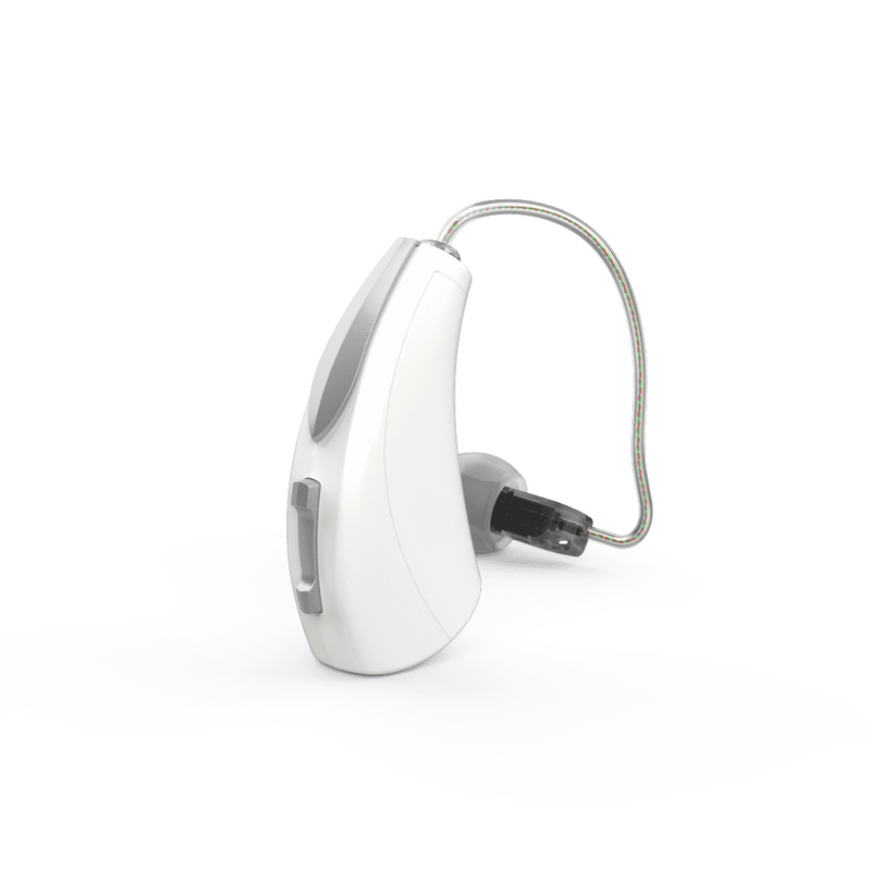 Ein einzelnes weißes ästhetisches Starkey Evolv AI RIC R Hörgerät mit einem Zoom auf das Produkt