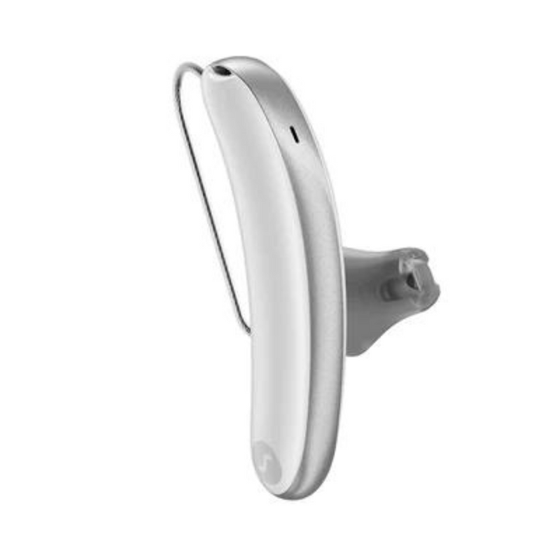 Ein Paar ästhetische weiß-silberne Signia Styletto 3AX/7AX Hörgeräte