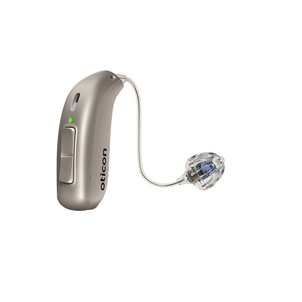 Oticon More Hörgerät, Modell miniRITE R, Links-Rechts-Ohr-Hörgerät, Farbe Beige, LED grün, Lautsprecher 60, Open Bass Kuppel Hörgeräte mit Auzen unbegrenztem Service