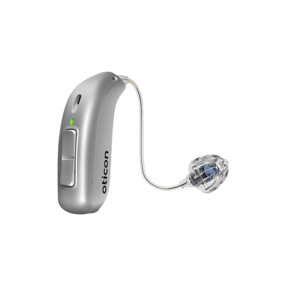 Oticon More Hörgerät, Modell miniRITE R, Hörgerät für das linke und das rechte Ohr, Farbe: Hellgrau, LED grün, Lautsprecher 60, Open Bass Kuppel Hörgeräte mit Auzen unbegrenztem Service