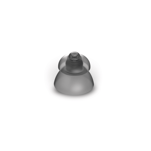 Dark colored double shaped power dome in size large for Phonak hearing aids 