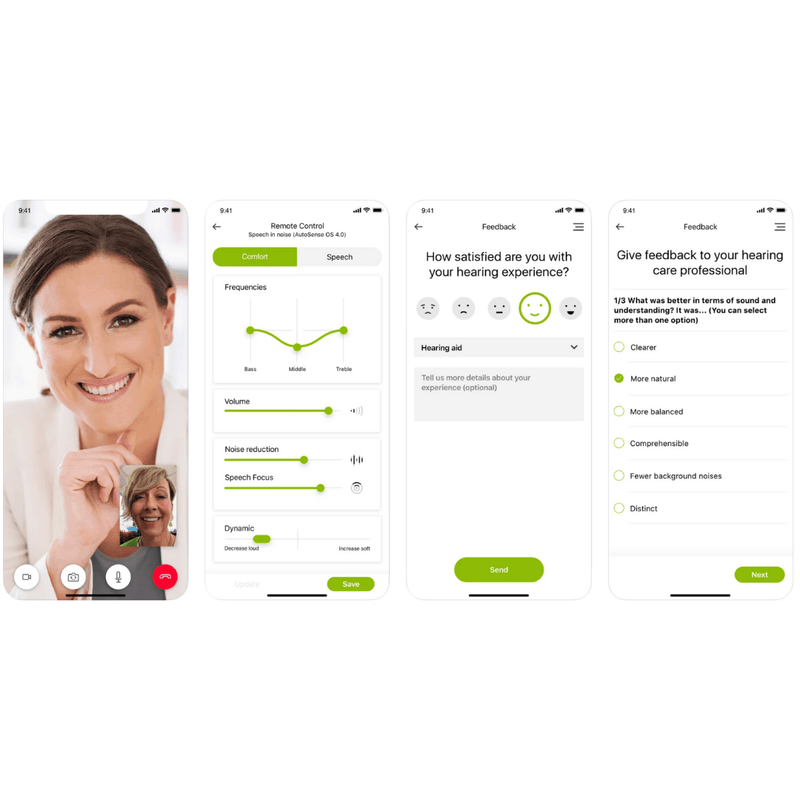 Different interfaces of the application of the Phonak Audeo Paradise 50/90 hearing aids for premium remote audiology service and support by Auzen