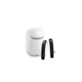 A pair of aesthetic black Signia Styletto 3X/7X hearing aids with white portable charging case
