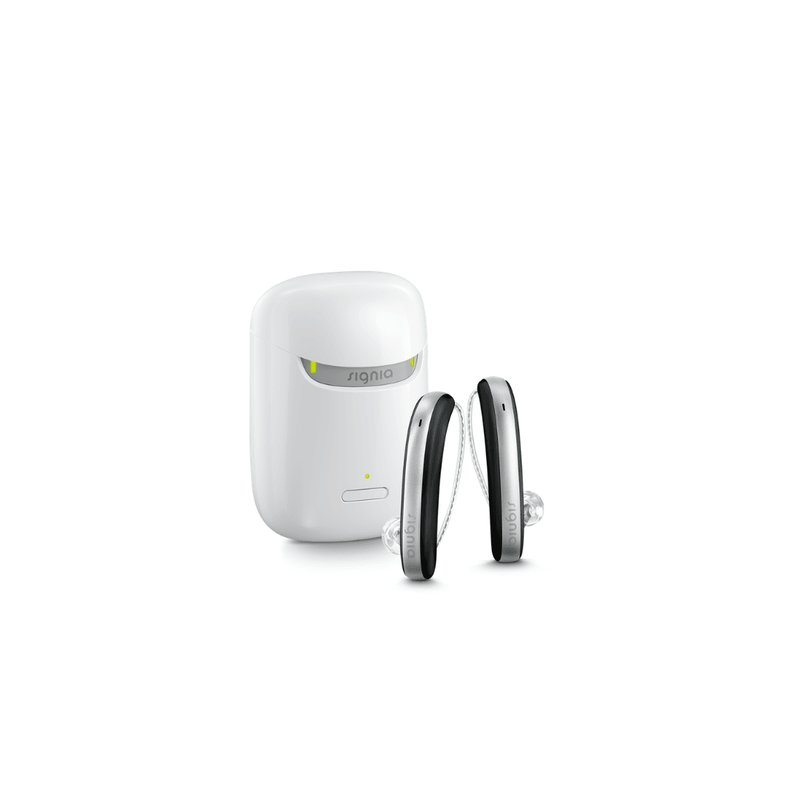 A pair of aesthetic black and silver Signia Styletto 3X/7X hearing aids with white portable charging case