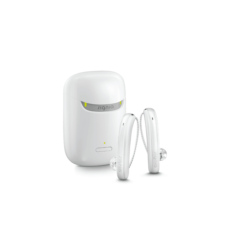 A pair of white aesthetic Signia Styletto 3X/7X hearing aids with white portable charging case